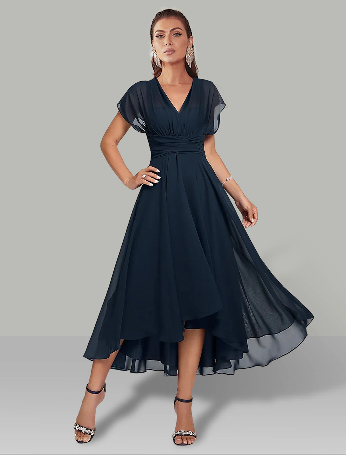 Blue A-line convertible infinity dress with ruched detail.