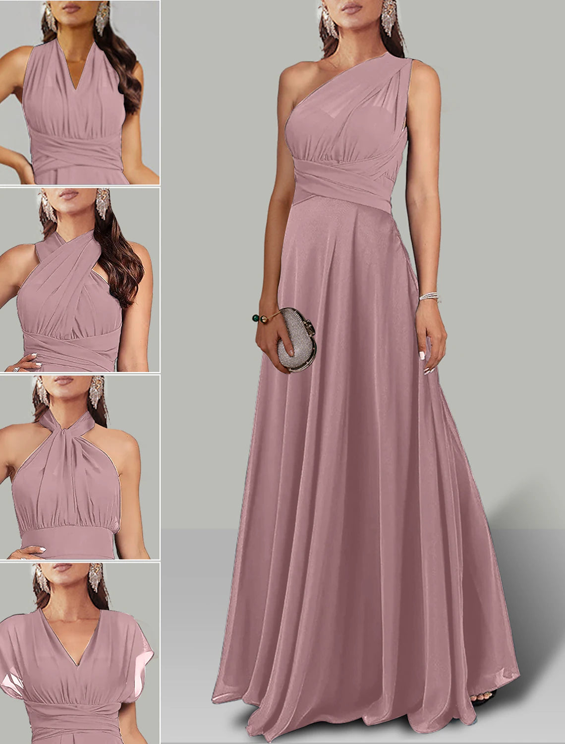 Back view of the floor-length convertible A-line dress, showcasing the ruched chiffon fabric.