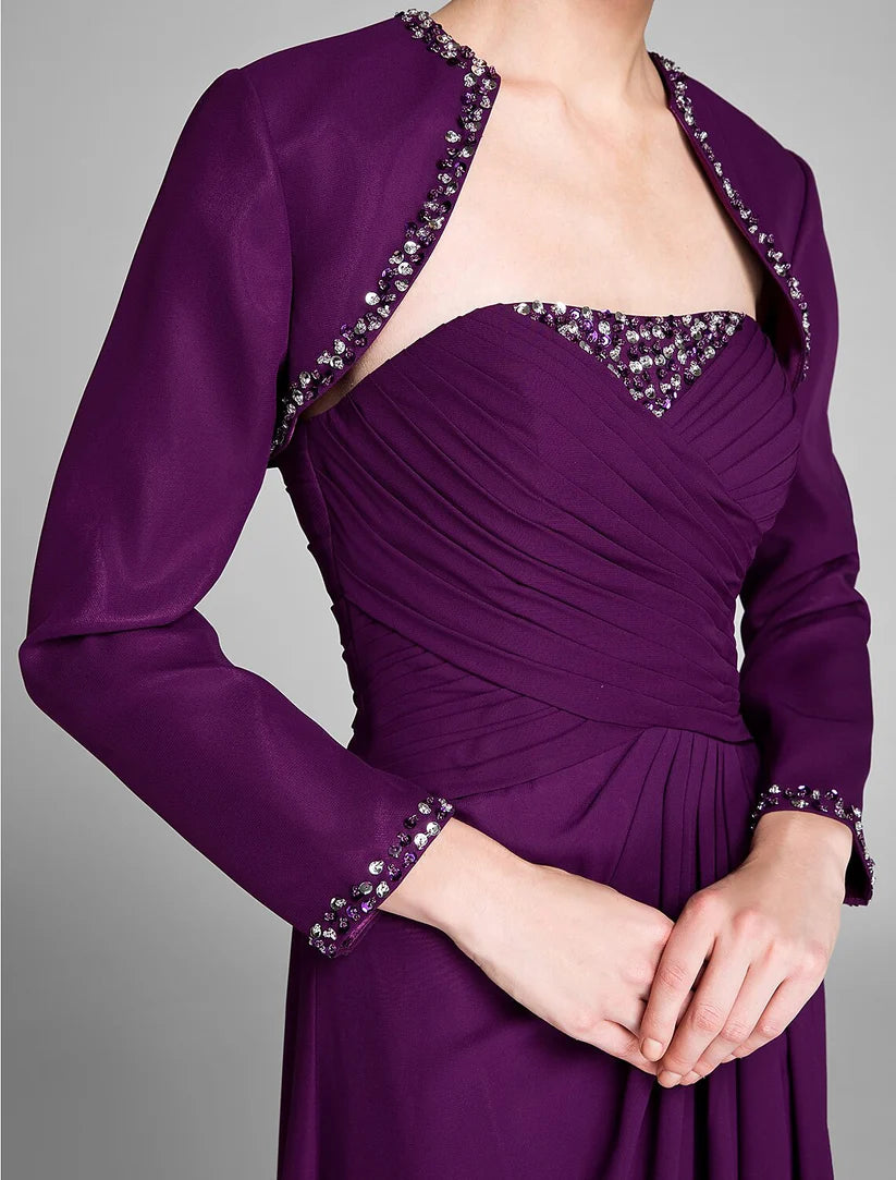 Elegant convertible chiffon dress with a strapless neckline and subtle crystal embellishments.