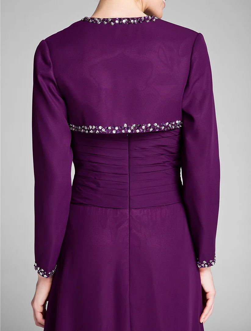 Back view of a formal sheath gown, highlighting the floor-length design and smooth chiffon fabric.