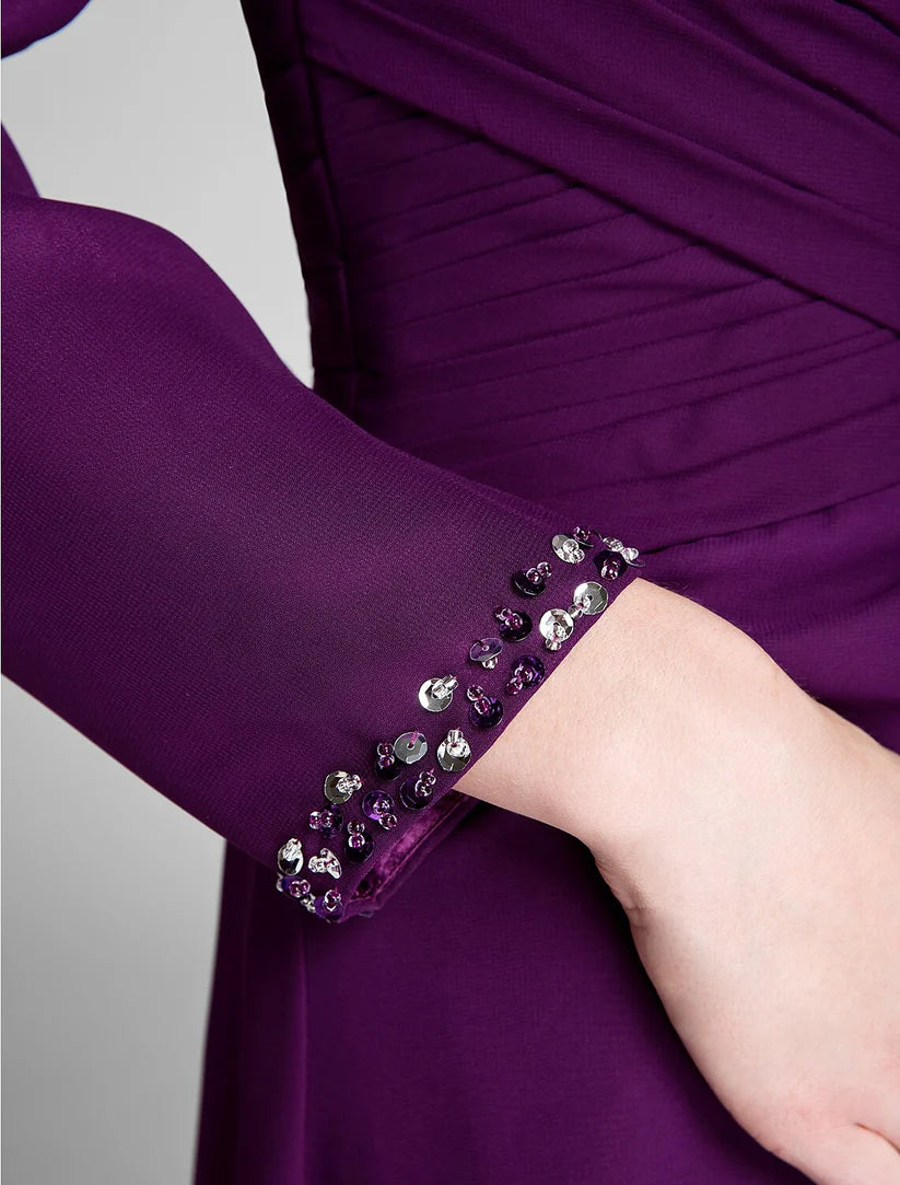 Side profile of the convertible Mother of the Bride dress, showing the elegant side draping.
