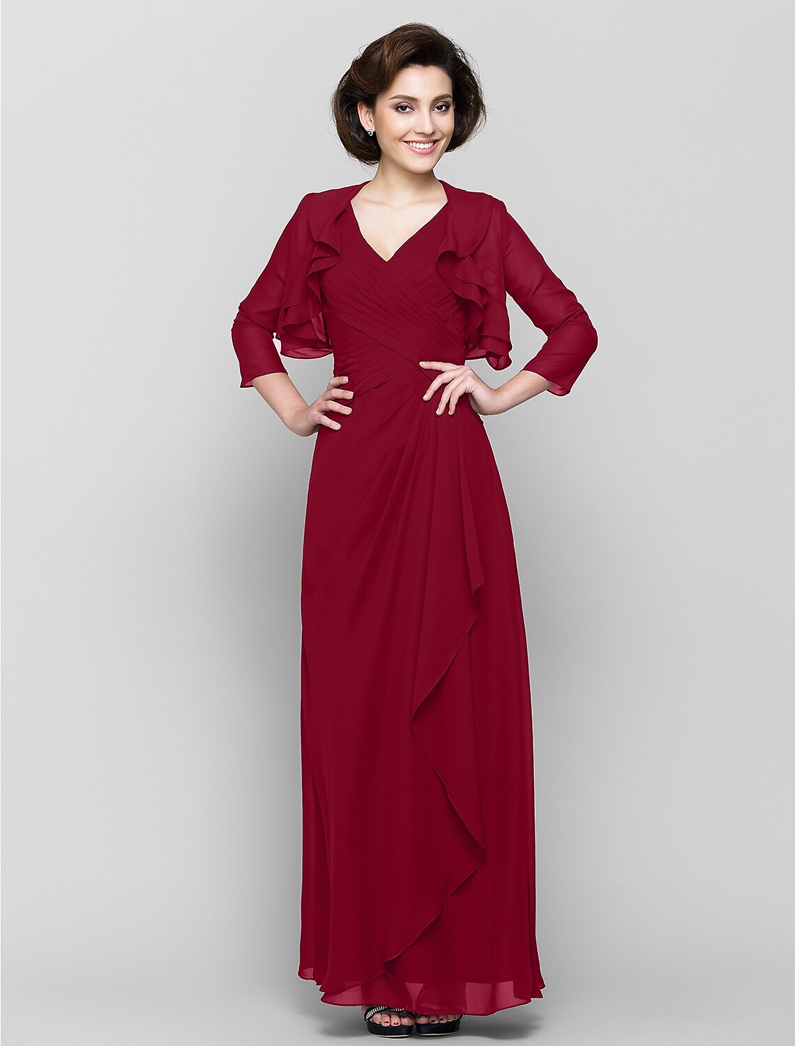 Elegant convertible sheath chiffon Mother of the Bride dress with V-neck and 3/4 sleeves.