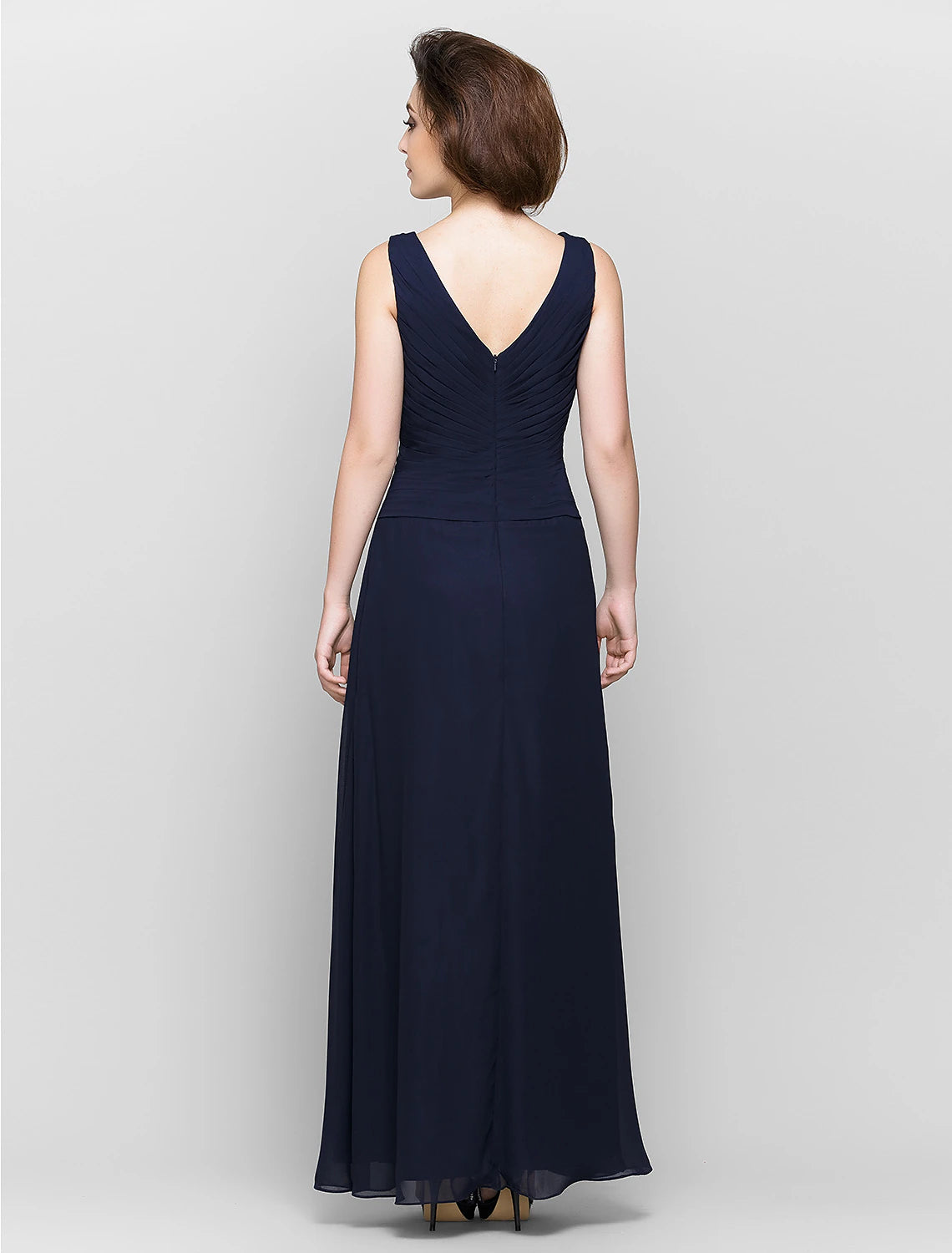 Full length view of the chiffon dress with cascading ruffles.