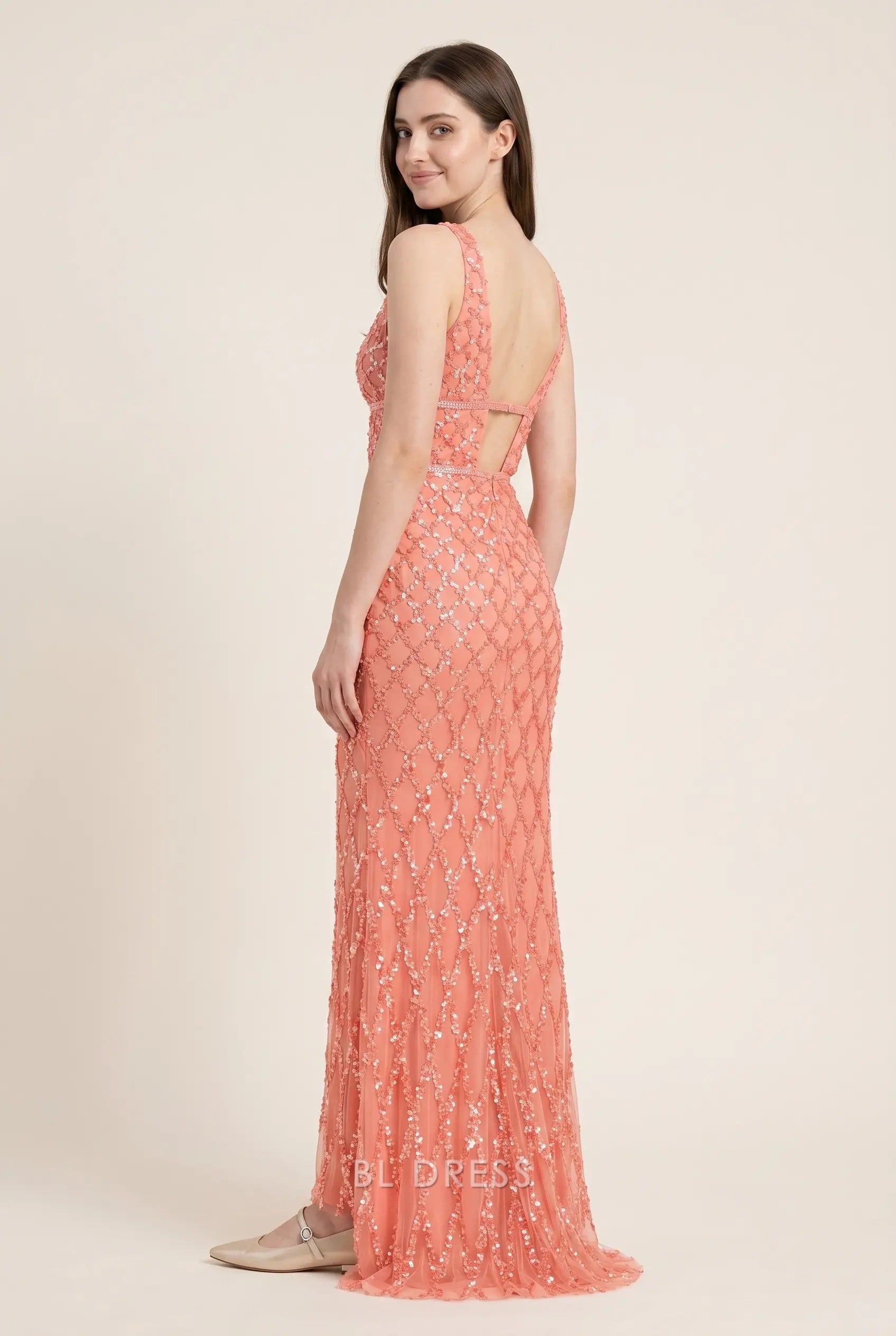 Coral V Neck Sleeveless Sequin Beaded Mesh Mermaid Floor Length Formal Evening Prom Dress
