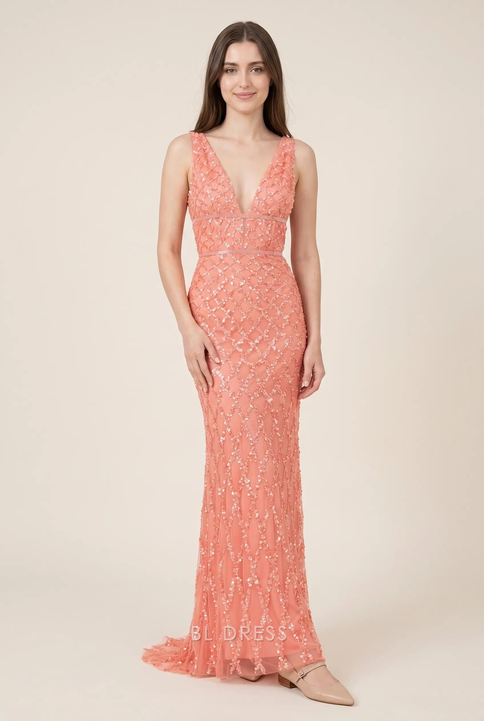 Coral V Neck Sleeveless Sequin Beaded Mesh Mermaid Floor Length Formal Evening Prom Dress