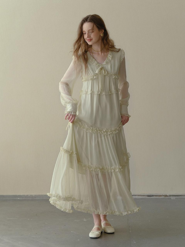 Cream Chiffon Prom Dress with Ruffled Tiered Skirt and Sheer Long Sleeves for Formal Events and Romantic Occasions