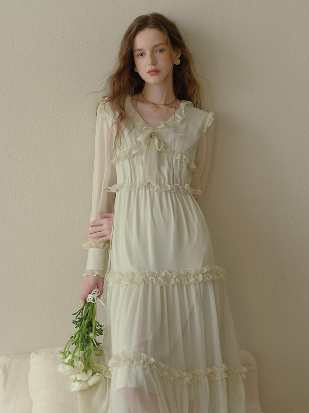 Cream Chiffon Prom Dress with Ruffled Tiered Skirt and Sheer Long Sleeves for Formal Events and Romantic Occasions