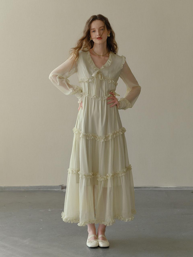 Cream Chiffon Prom Dress with Ruffled Tiered Skirt and Sheer Long Sleeves for Formal Events and Romantic Occasions