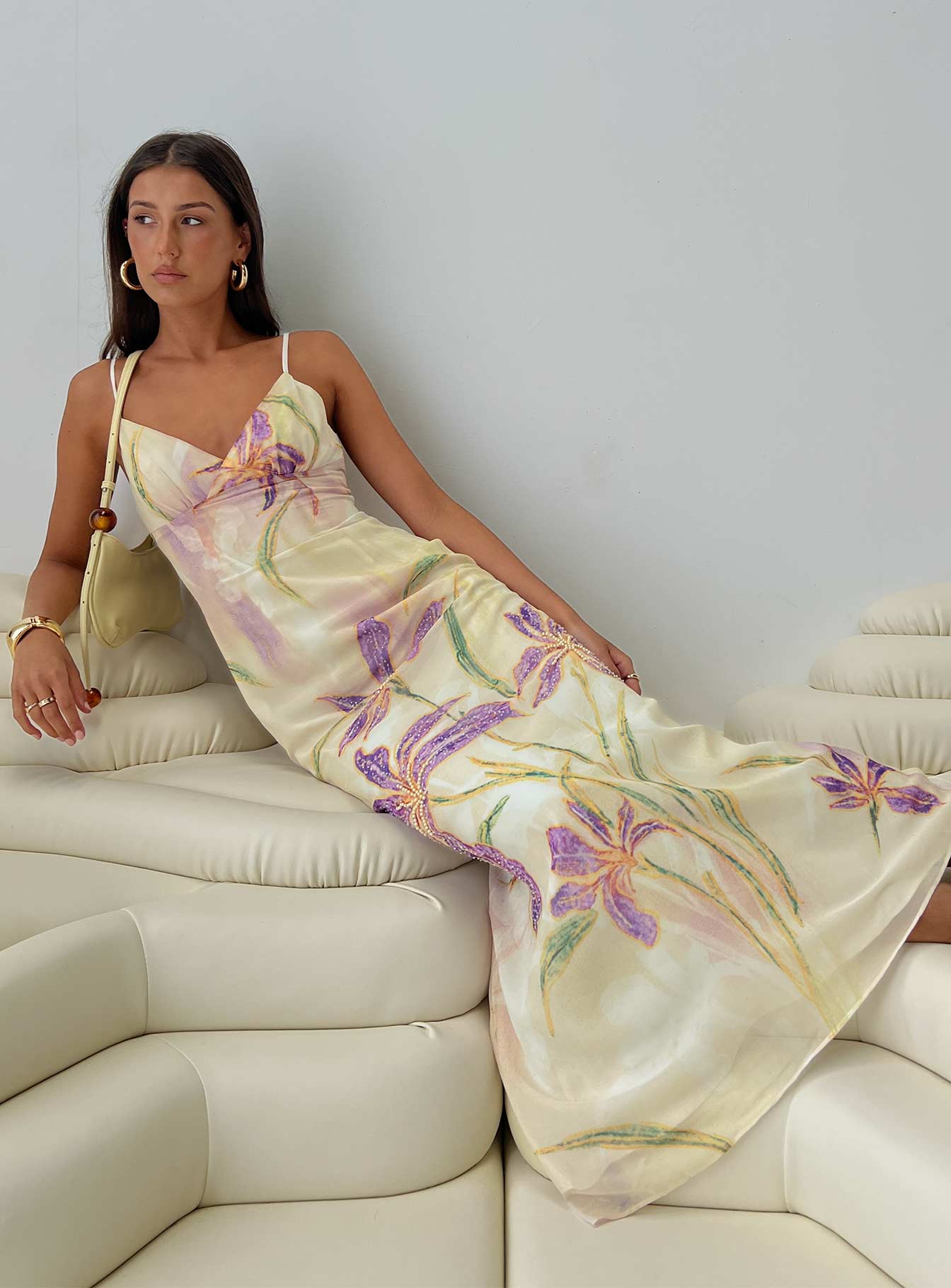 Cream Spaghetti Strap Prom Dress with Floral Print and V Neck for Formal Events and Prom Nights