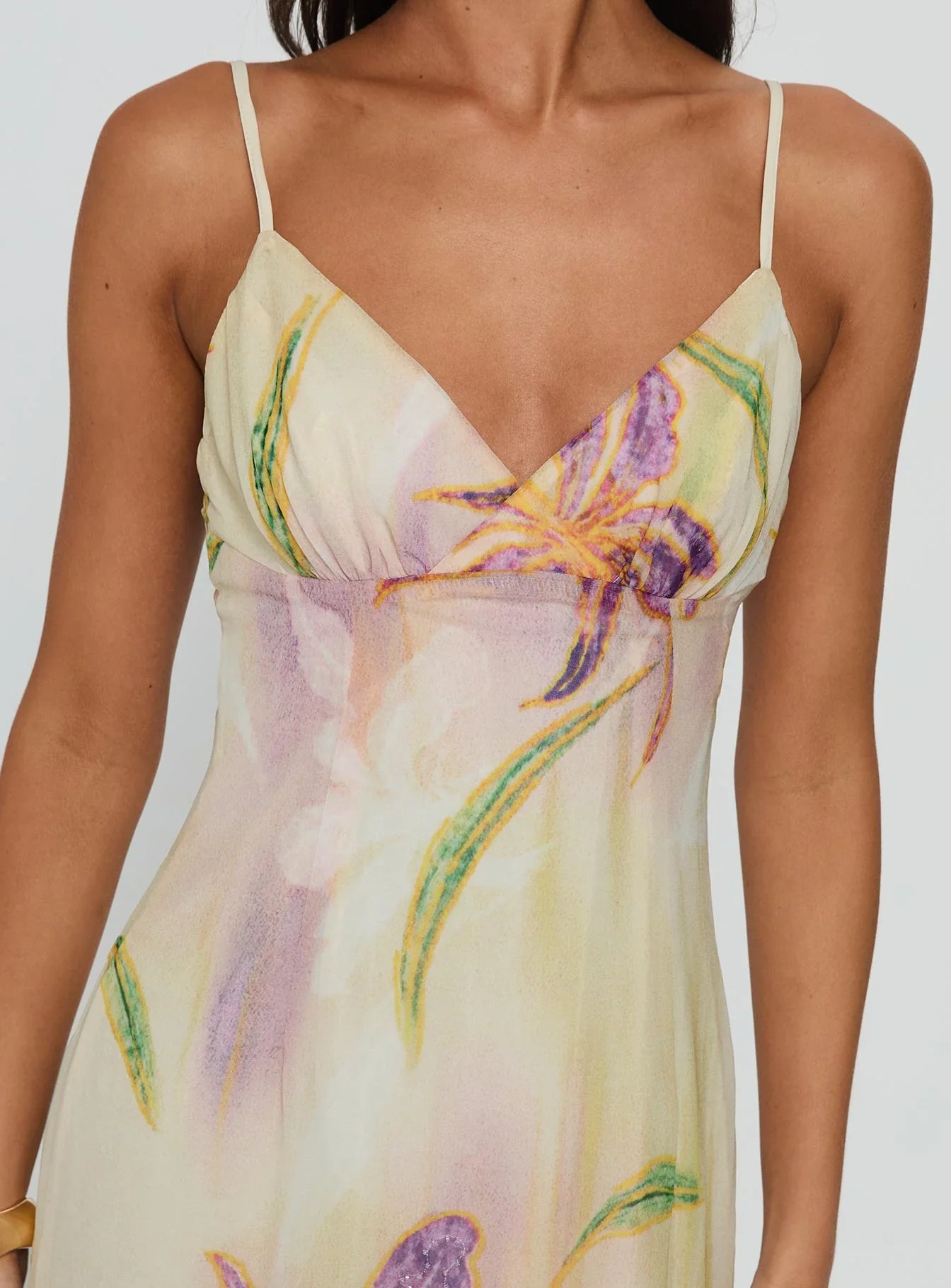 Cream Spaghetti Strap Prom Dress with Floral Print and V Neck for Formal Events and Prom Nights