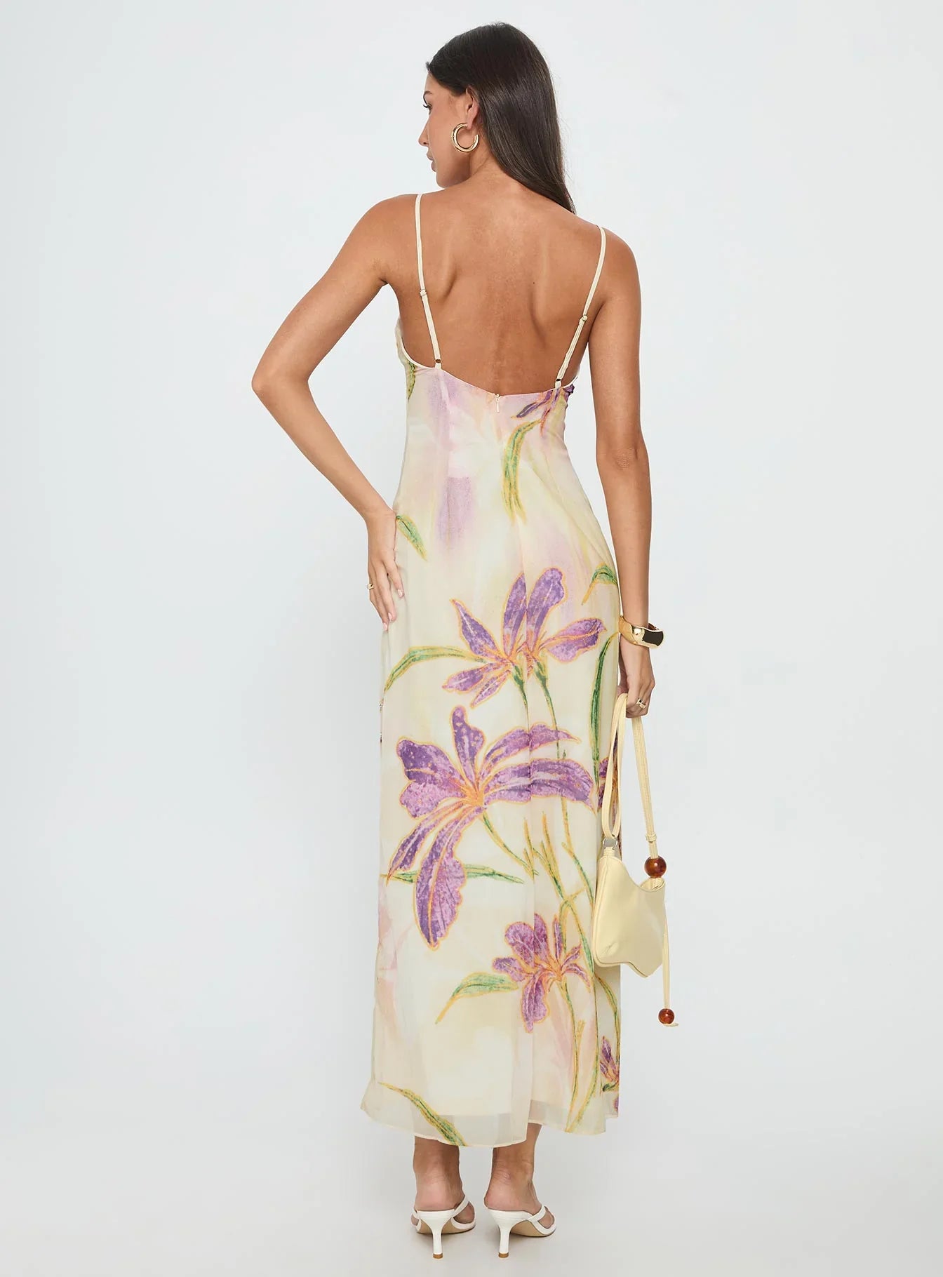Cream Spaghetti Strap Prom Dress with Floral Print and V Neck for Formal Events and Prom Nights