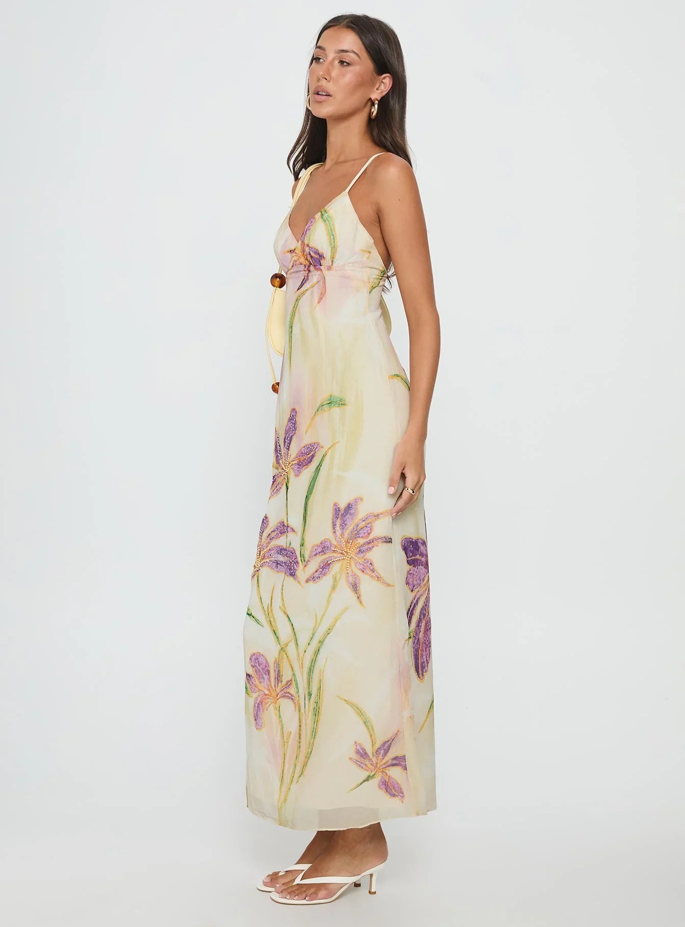 Cream Spaghetti Strap Prom Dress with Floral Print and V Neck for Formal Events and Prom Nights