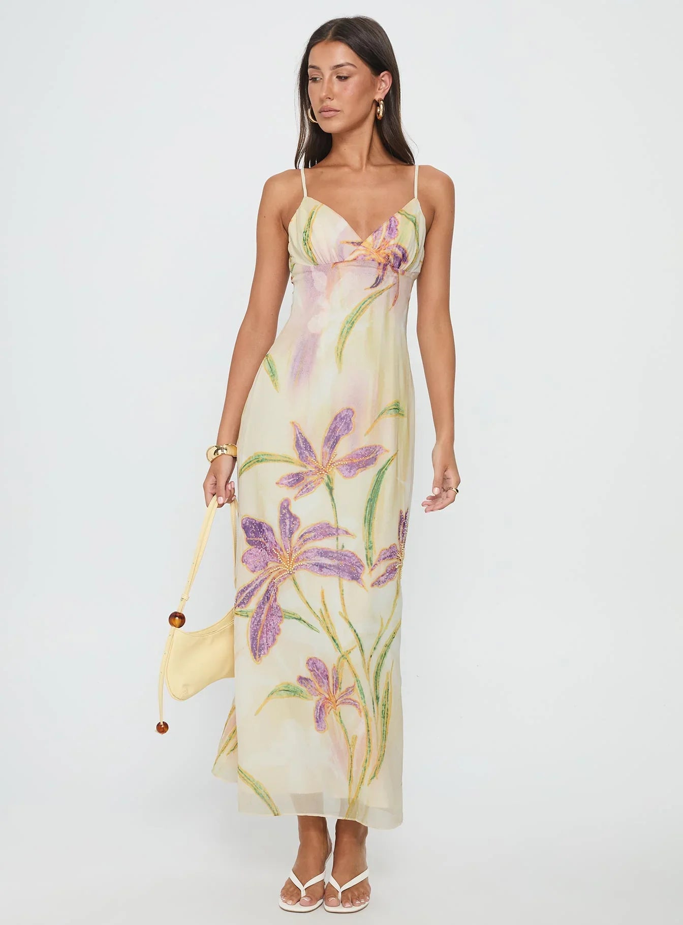 Cream Spaghetti Strap Prom Dress with Floral Print and V Neck for Formal Events and Prom Nights