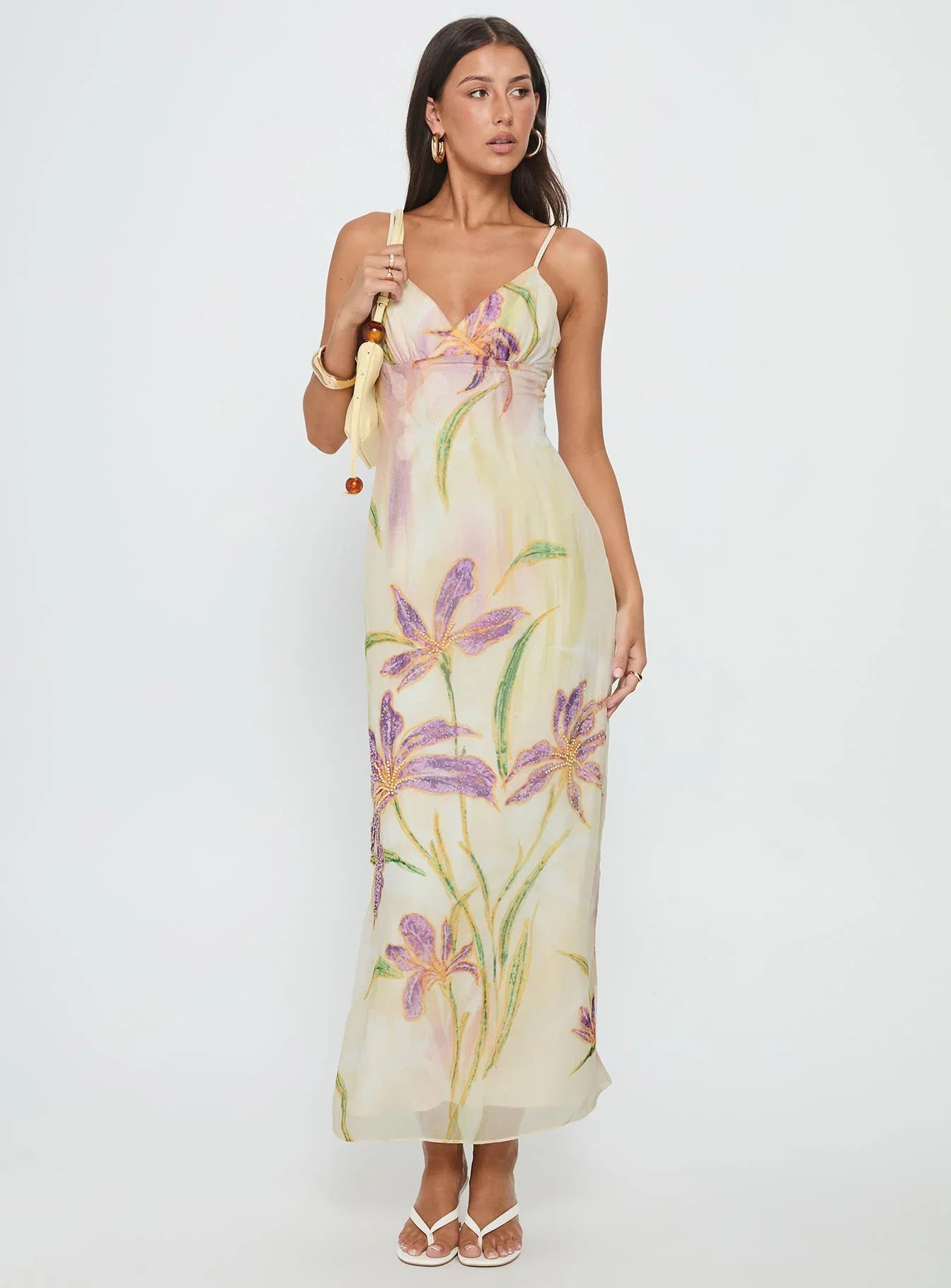 Cream Spaghetti Strap Prom Dress with Floral Print and V Neck for Formal Events and Prom Nights