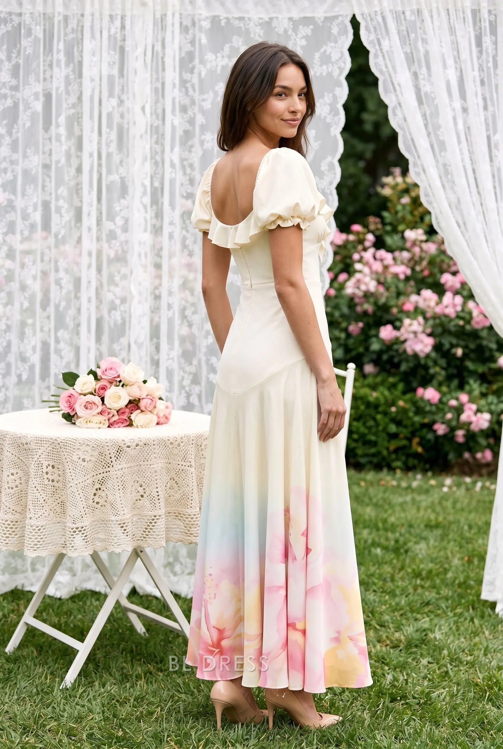Cream White Square Neck Puff Short Sleeve Ruffle Trim 3D Floral Applique Cutout Watercolor Print A Line Long Prom Dress