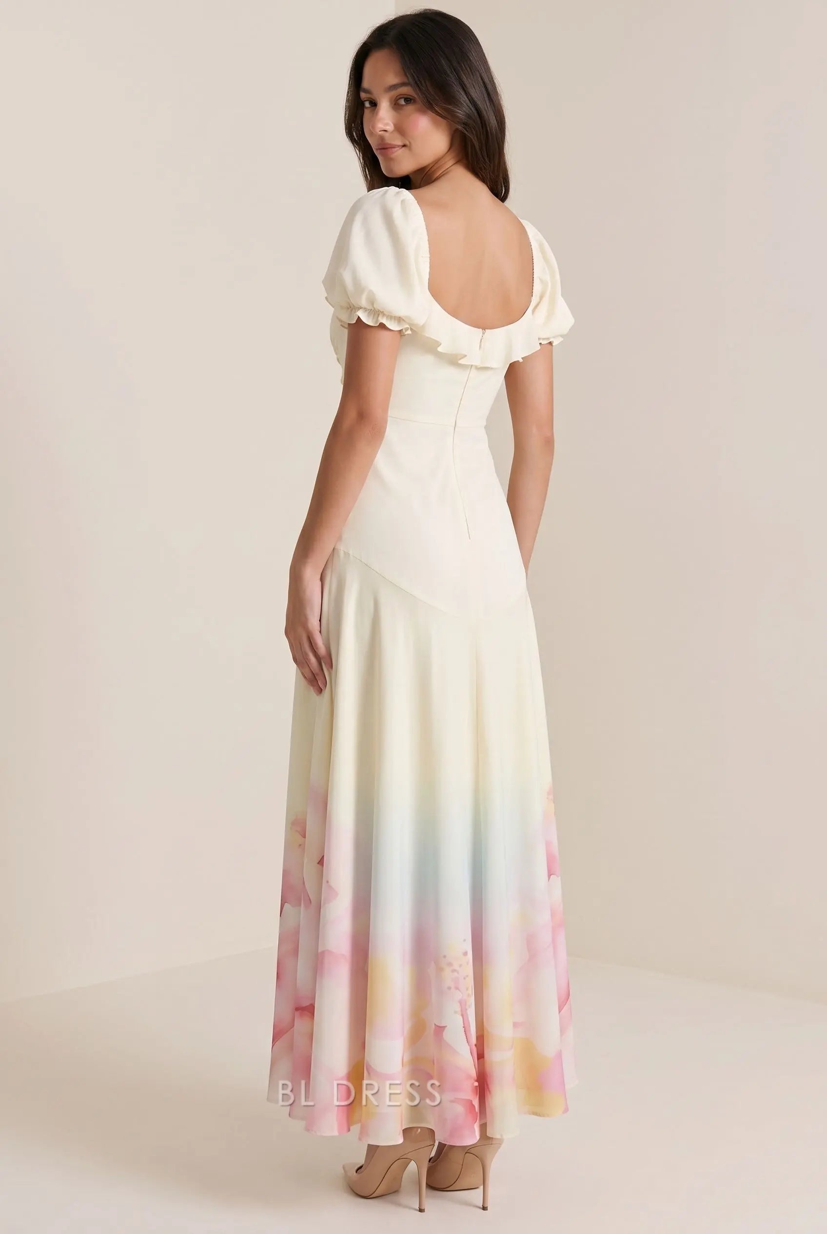 Cream White Square Neck Puff Short Sleeve Ruffle Trim 3D Floral Applique Cutout Watercolor Print A Line Long Prom Dress