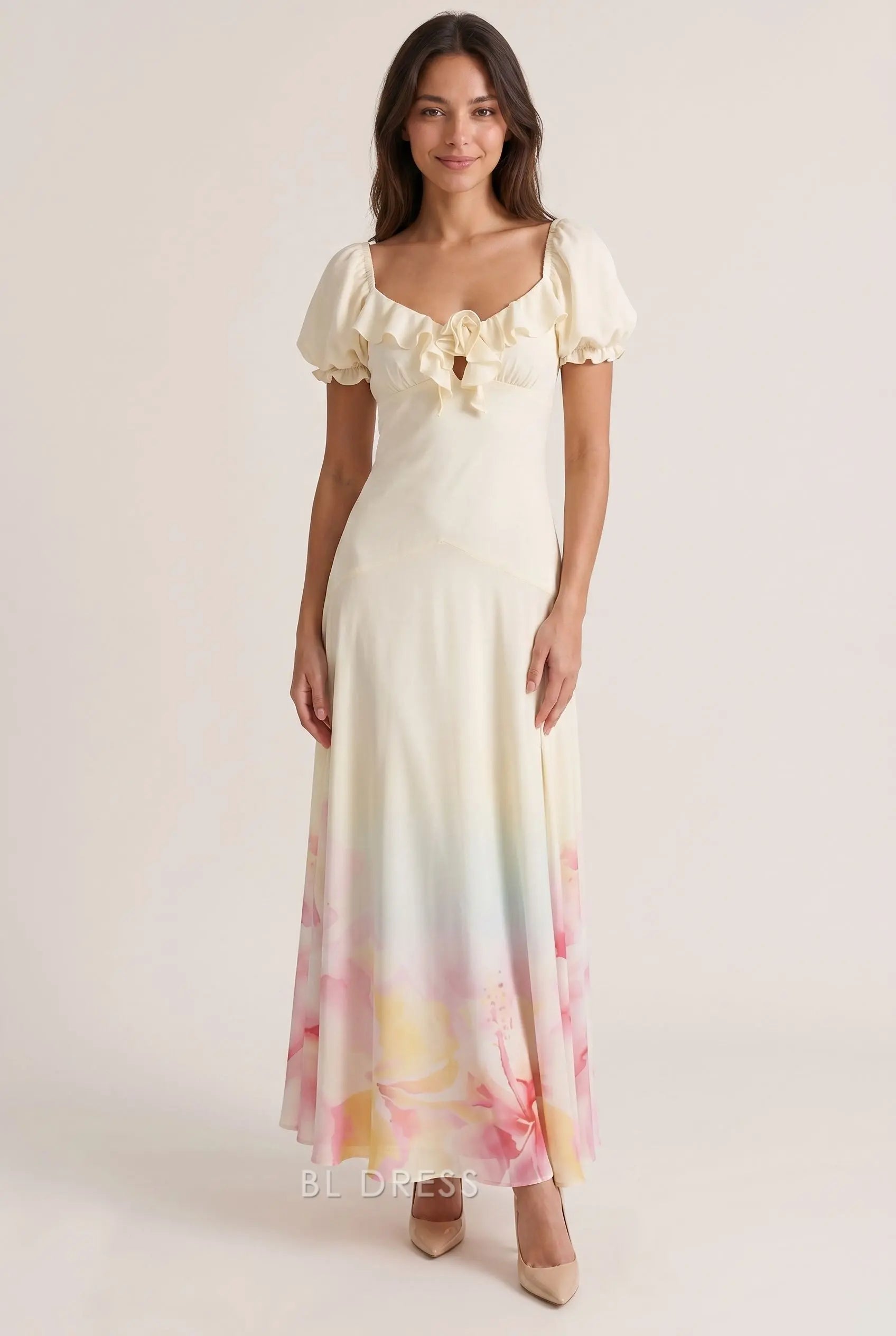 Cream White Square Neck Puff Short Sleeve Ruffle Trim 3D Floral Applique Cutout Watercolor Print A Line Long Prom Dress