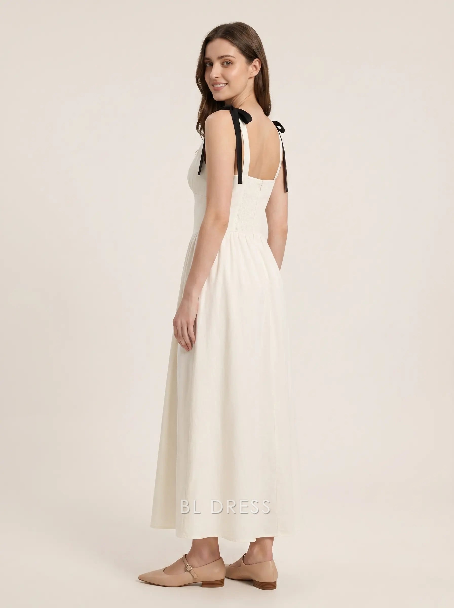 Cream White V Neck Black Bow Shoulder Strap Smocked Back A-Line Flowy Maxi Formal Evening Prom Dress