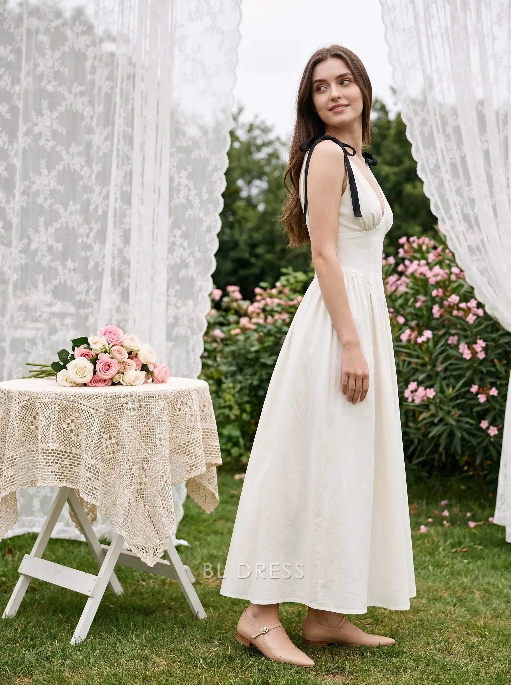 Cream White V Neck Black Bow Shoulder Strap Smocked Back A-Line Flowy Maxi Formal Evening Prom Dress