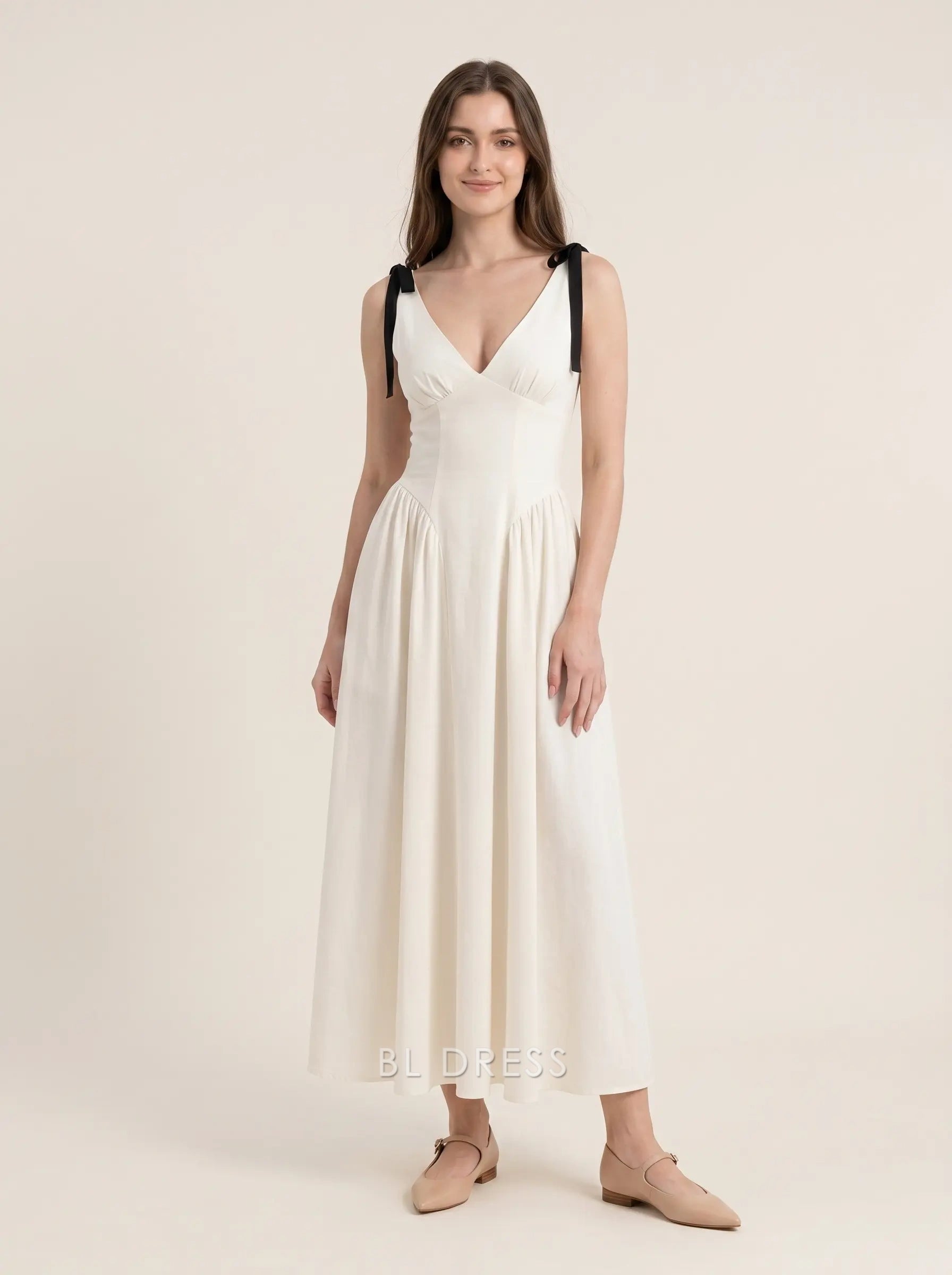 Cream White V Neck Black Bow Shoulder Strap Smocked Back A-Line Flowy Maxi Formal Evening Prom Dress