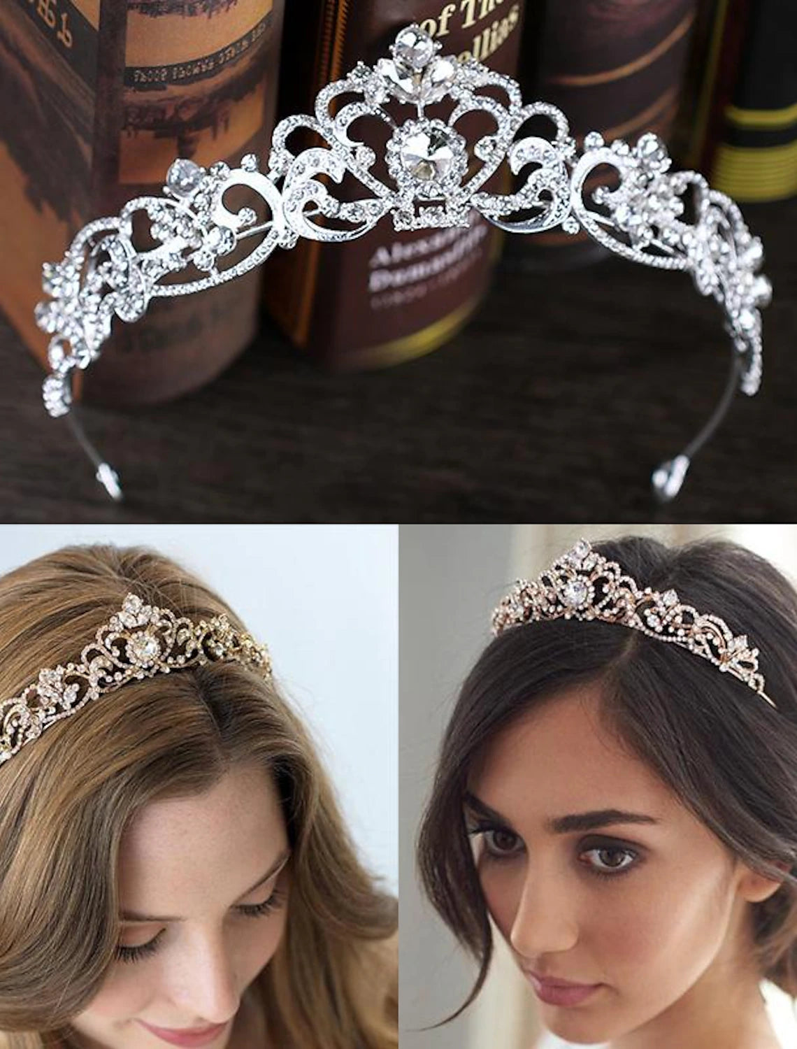 Crystal queen crown tiara worn by a woman.