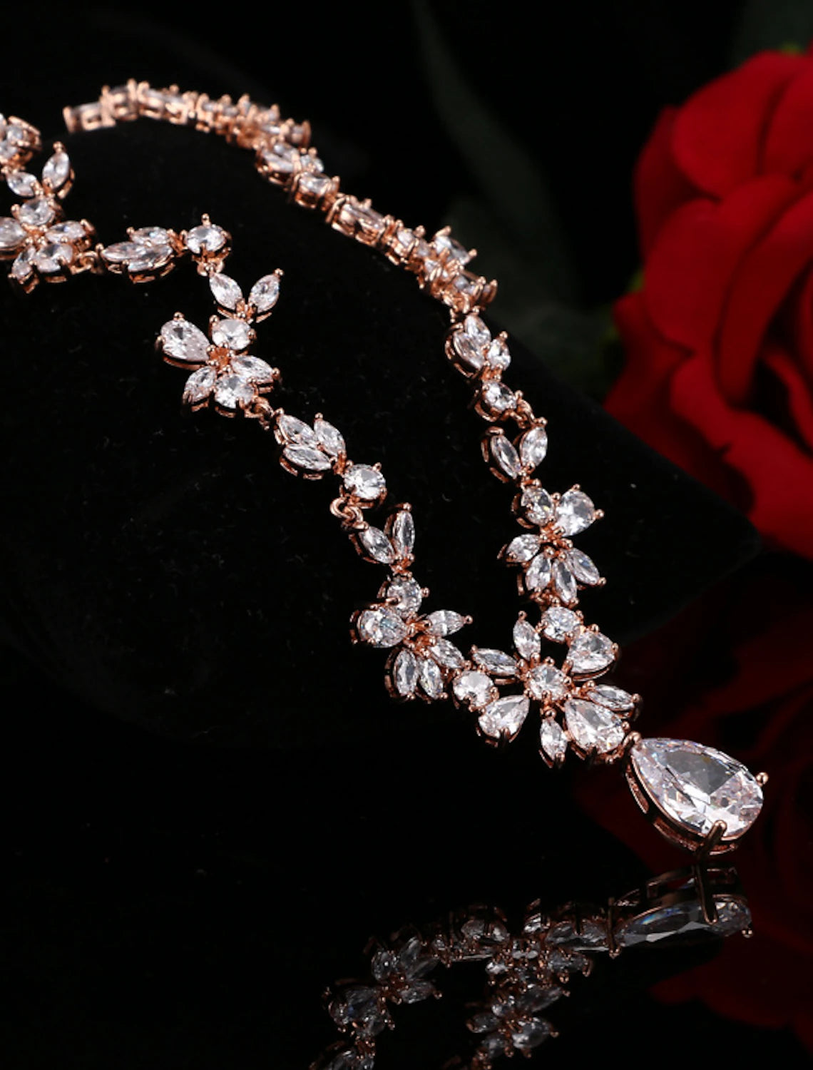 Close-up of sparkling cubic zirconia necklace.