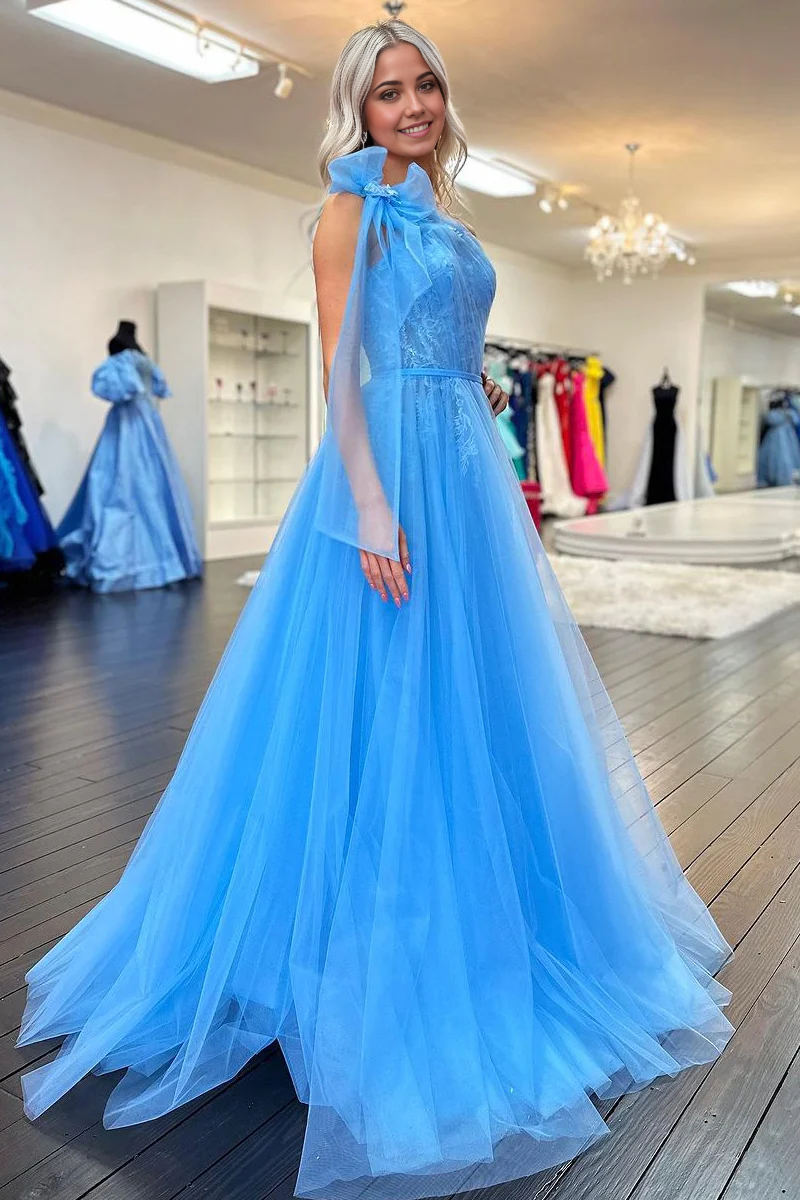 Side view of a blue one-shoulder formal gown.