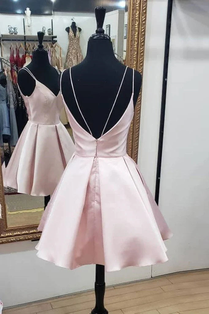 Back view of a short A-line V-neck open back homecoming dress.