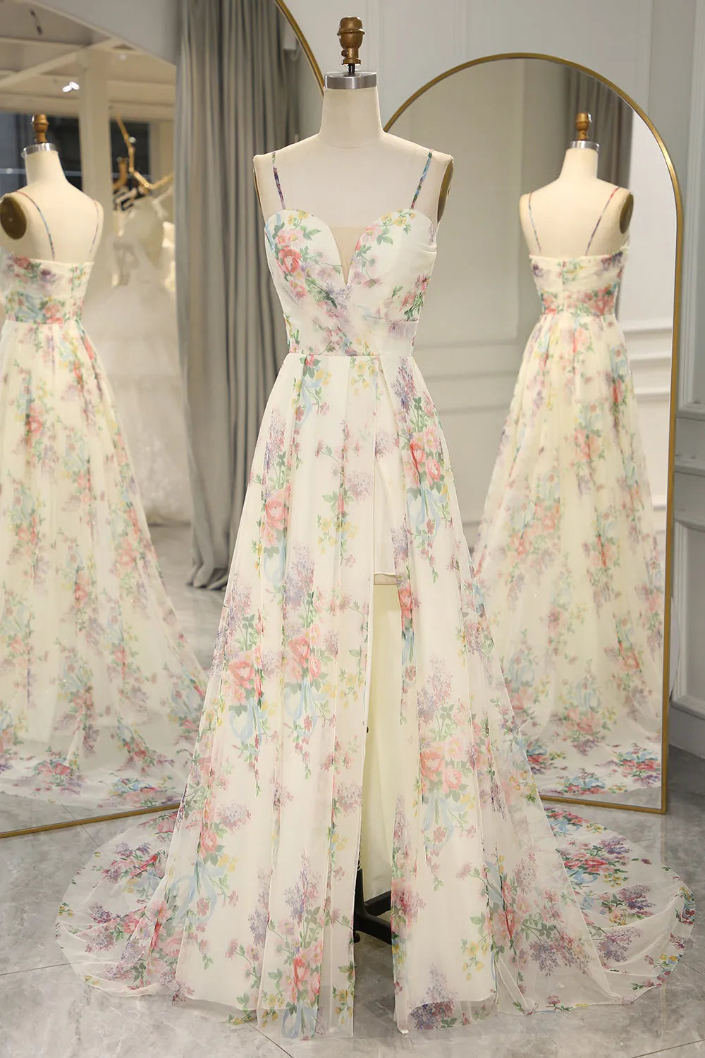 A-Line Print Flower Spaghetti Straps Back Long Prom Dress With Split