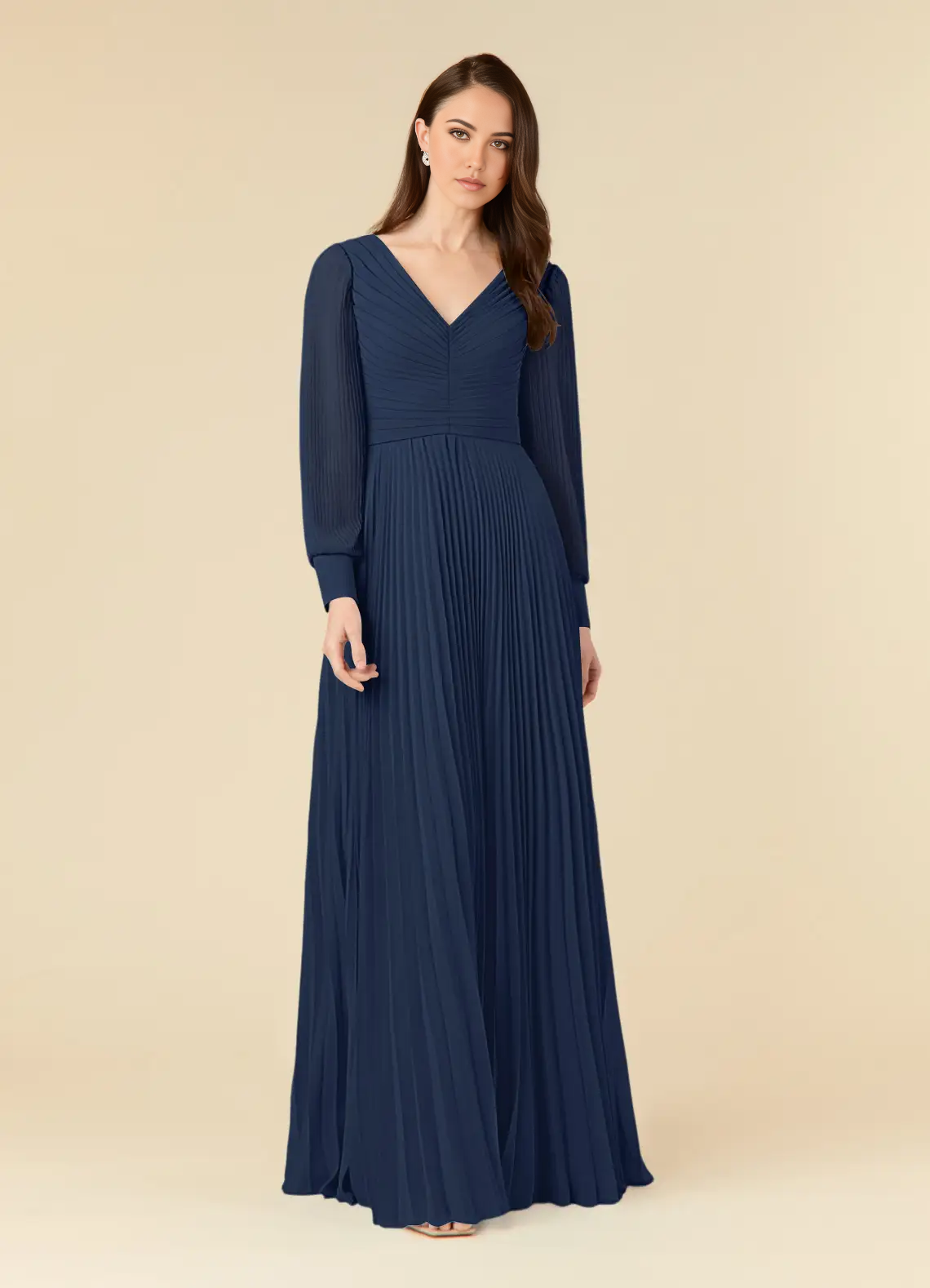 Model wearing a dark navy A-line V-neck long sleeve chiffon Mother of the Bride dress.