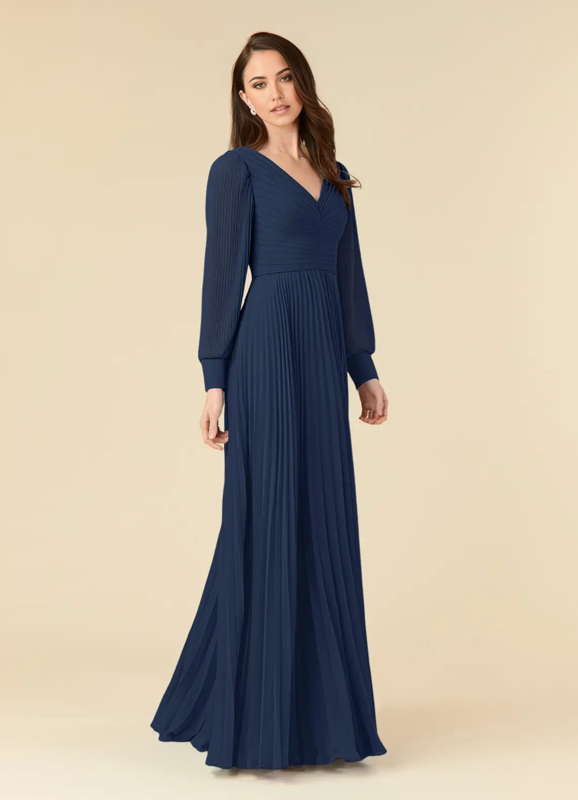 Elegant dark navy A-line V-neck long sleeve chiffon evening gown.