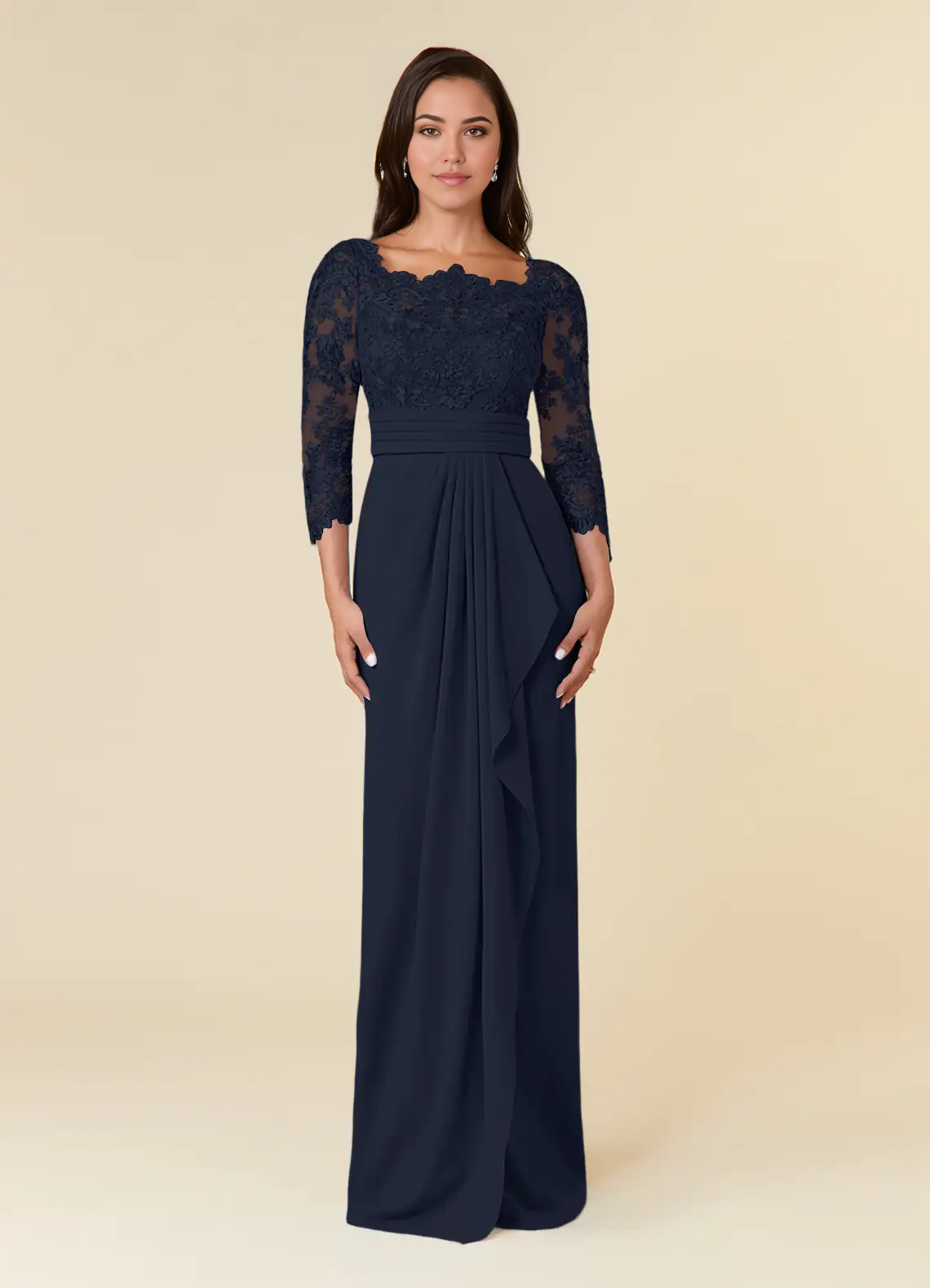 Elegant dark navy sheath dress with lace appliques and 3/4 sleeves.
