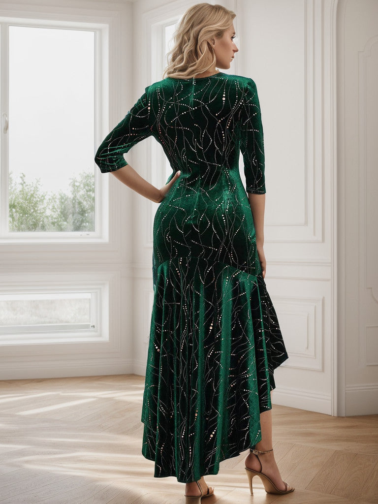 Stylish Bodycon High-Low Velvet Party Dress