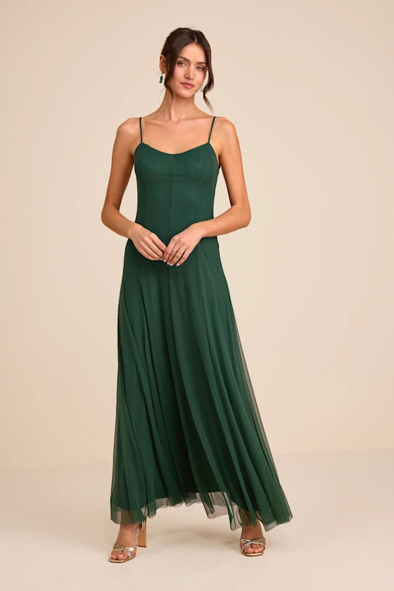 Dark Green Spaghetti Strap Prom Dress With Sweetheart Neckline Low Back And Tulle A Line Formal Prom Dress