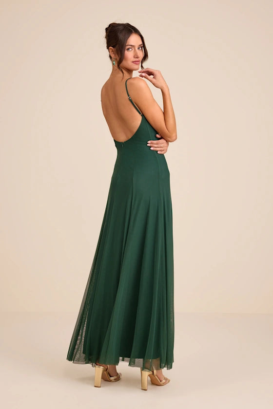 Dark Green Spaghetti Strap Prom Dress With Sweetheart Neckline Low Back And Tulle A Line Formal Prom Dress