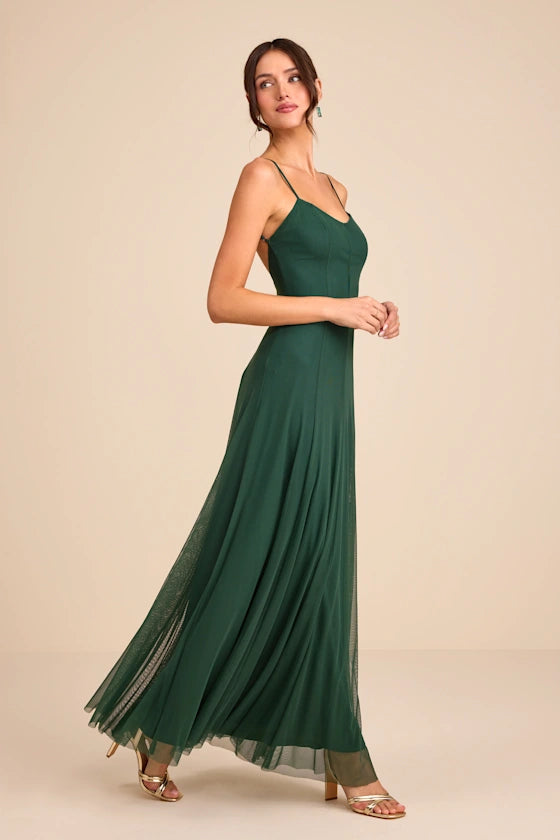 Dark Green Spaghetti Strap Prom Dress With Sweetheart Neckline Low Back And Tulle A Line Formal Prom Dress