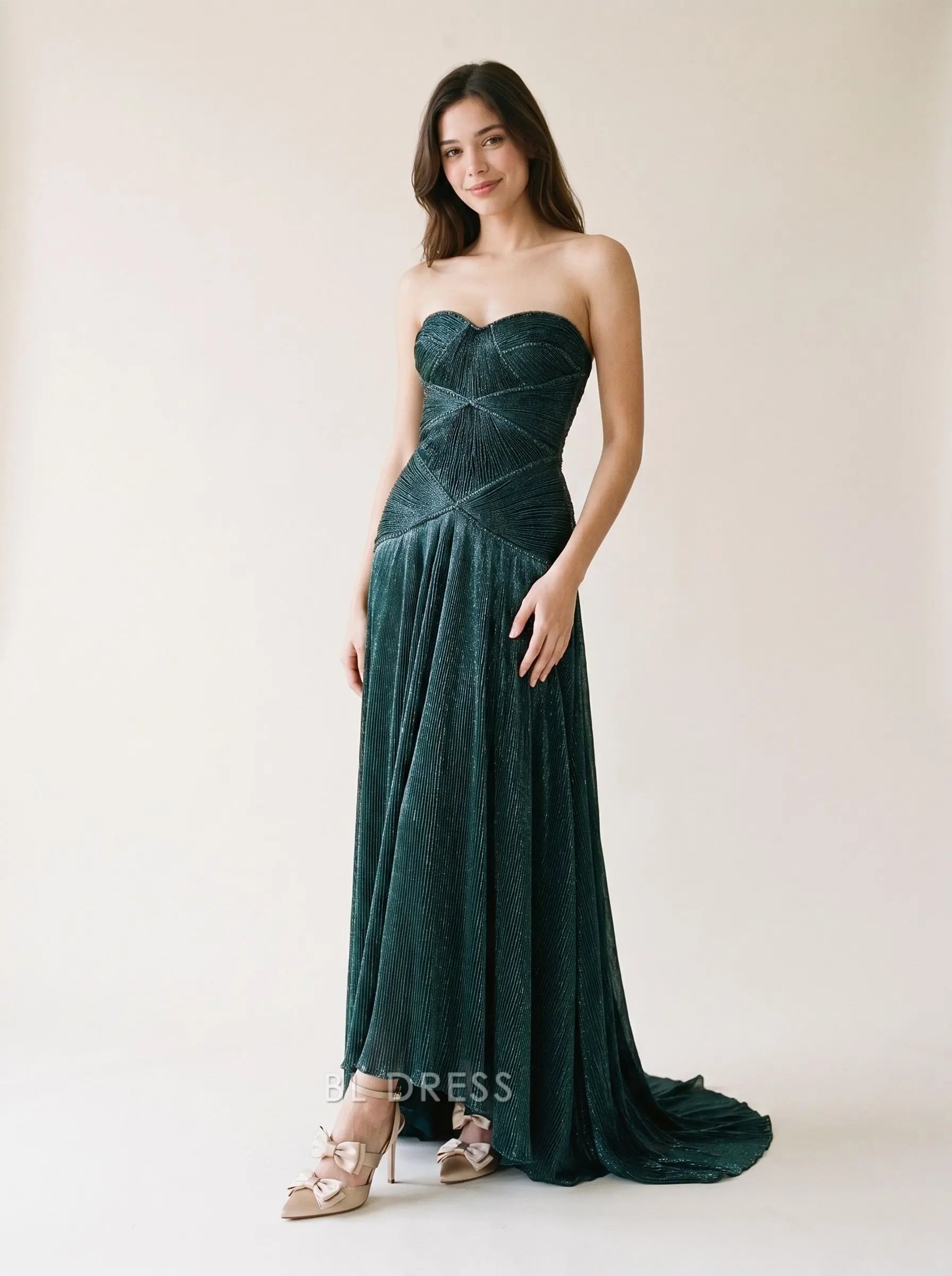 Dark Green Strapless Sweetheart Neck Pleated Metallic Fabric A Line Floor Length Prom Dress