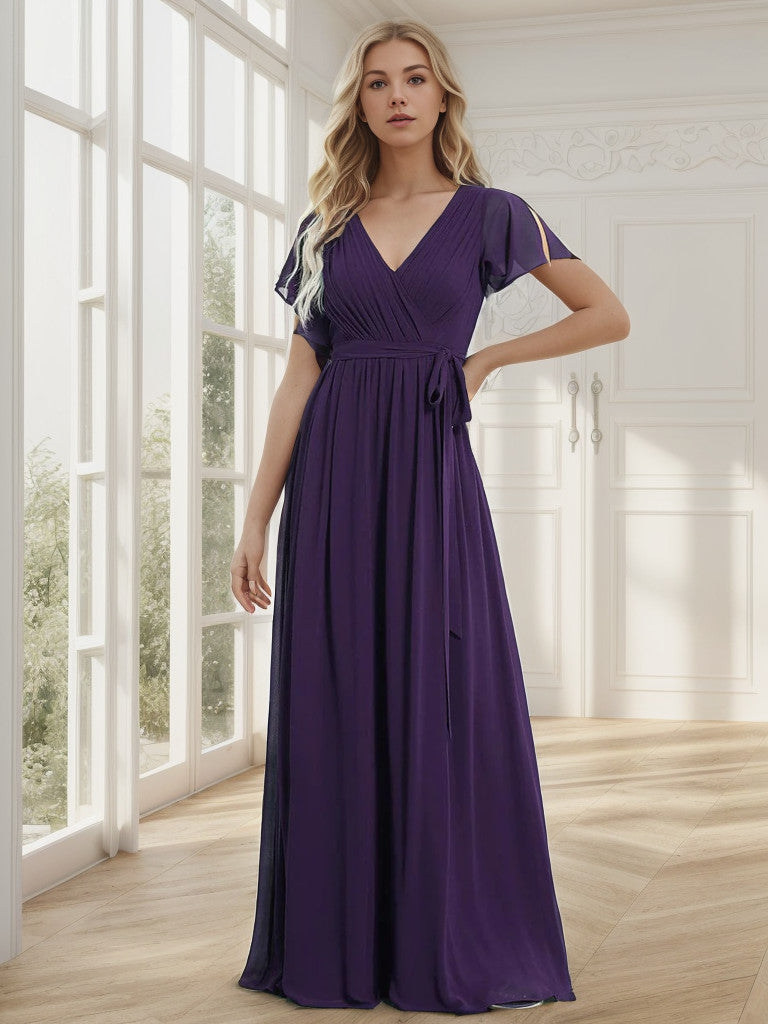 A-Line Pleated Chiffon Tie-Waist Evening Dress