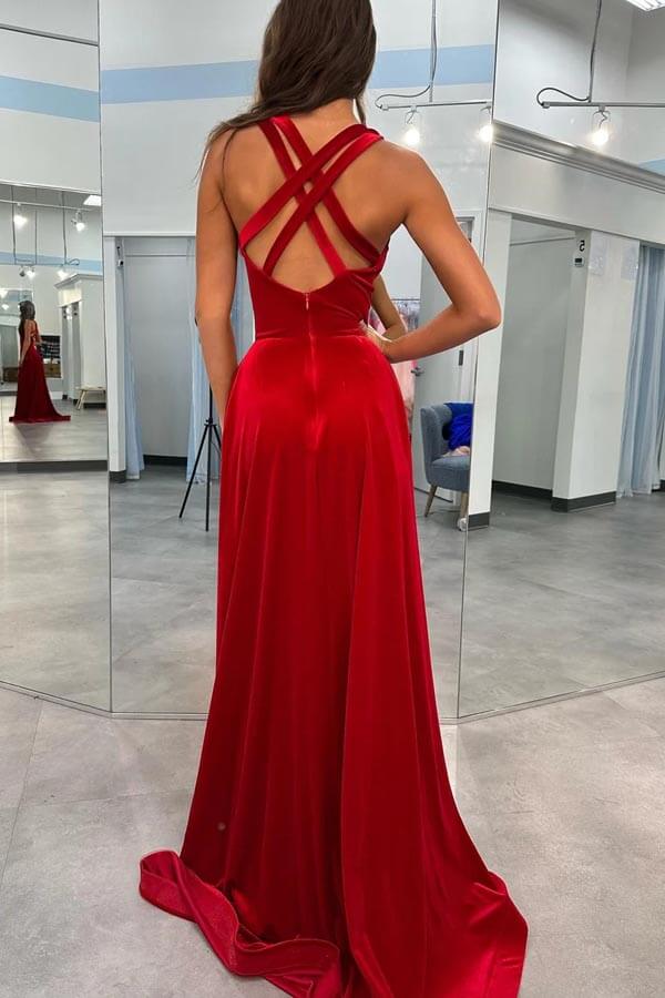 Velvet V Neck Prom Gown Straps Prom Dress With Split