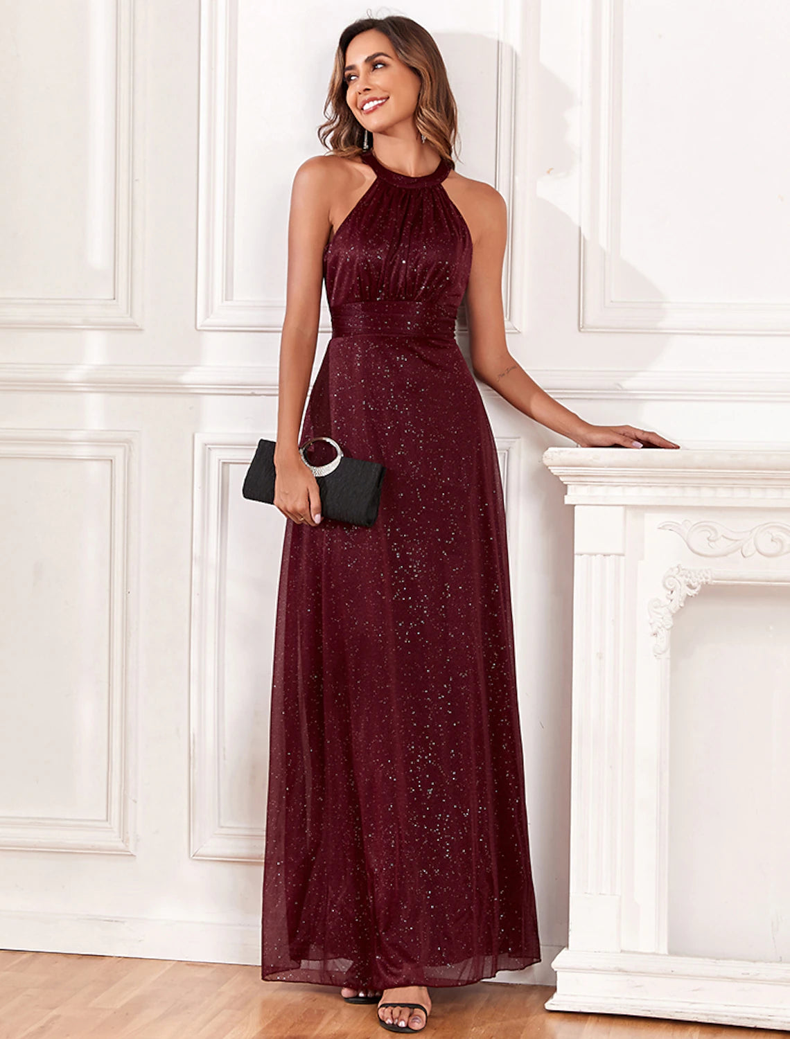 Elegant A-line floor-length dress with glitter details.