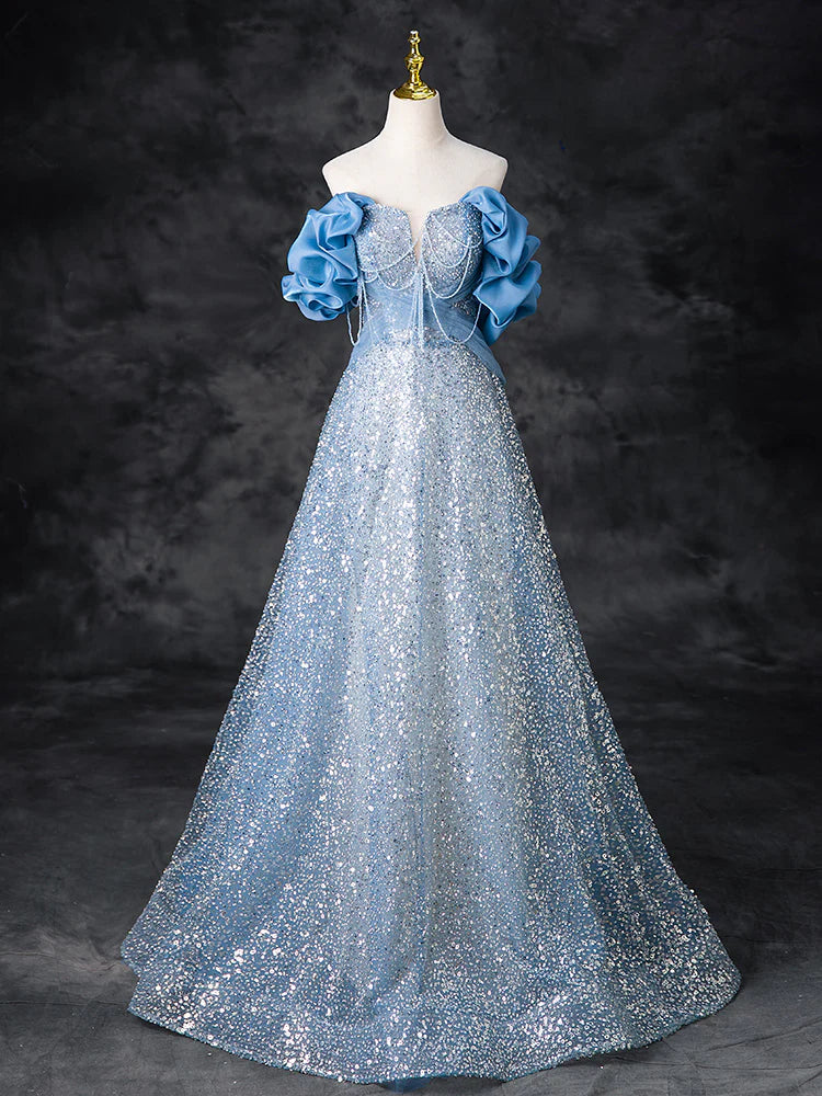 Model wearing an A-line off-shoulder sequin beaded long prom dress.