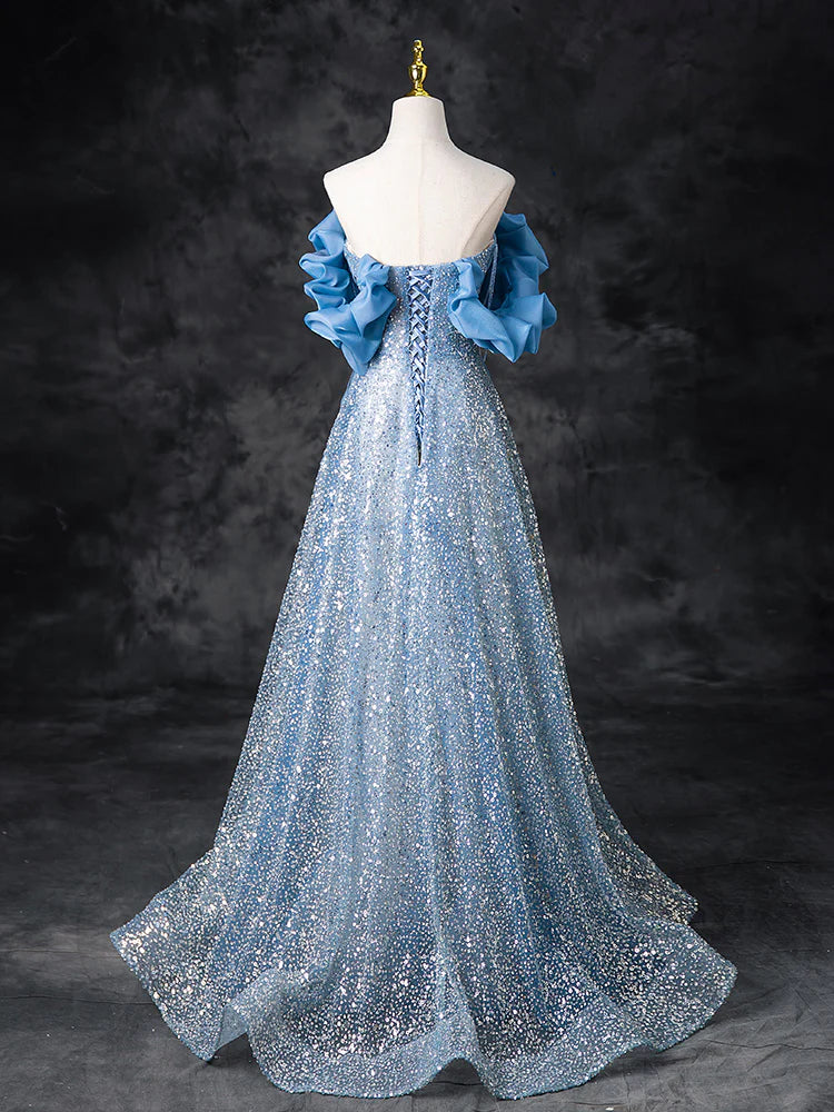 Back view of the A-line off-shoulder sequin beaded long prom dress.
