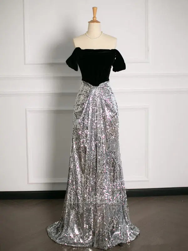 Dazzling A-line off-shoulder sequin formal gown.