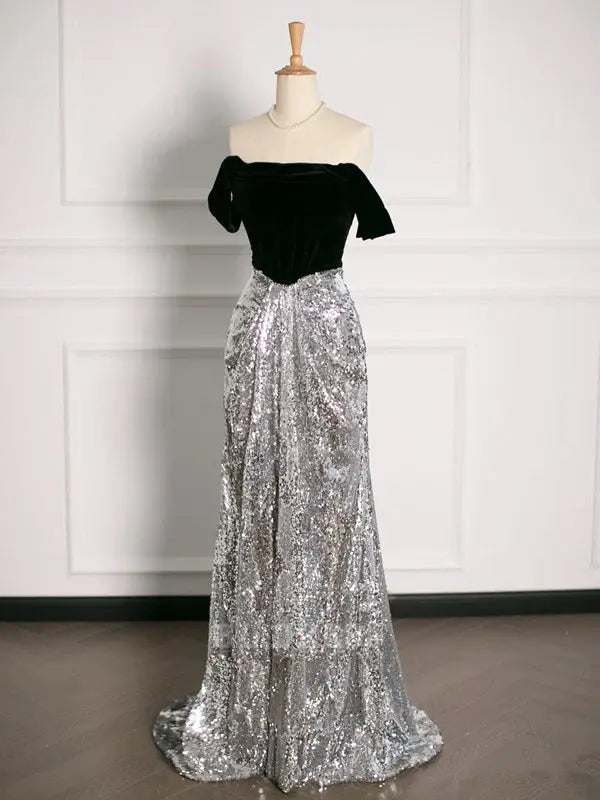 Back view of the A-line formal sequin dress.