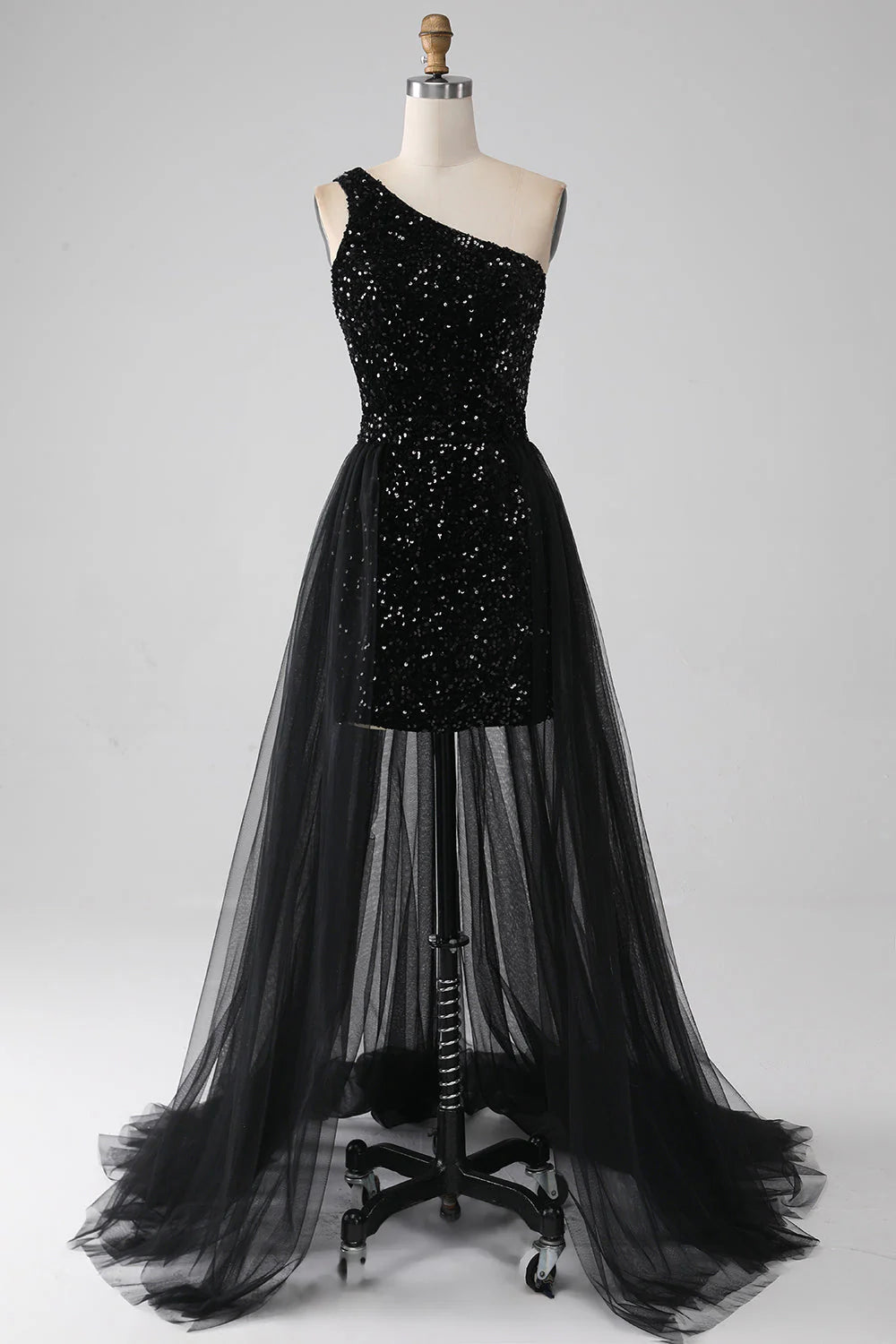 Black A-line one-shoulder sequin prom dress, front view.