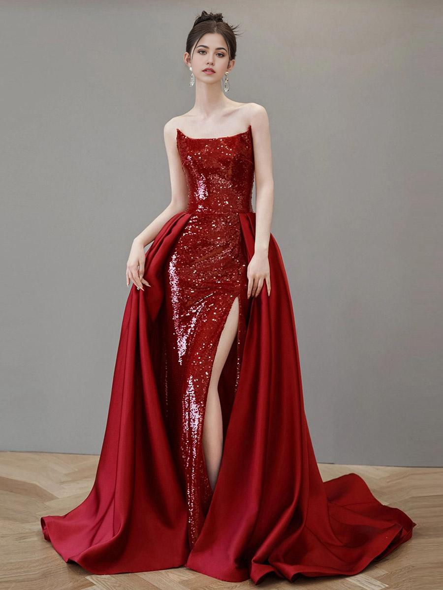 Elegant A-line strapless sequined formal dress with a court train.