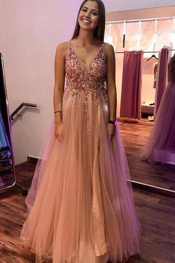 Elegant A-line V-neck prom dress with appliques and sequins, front view.