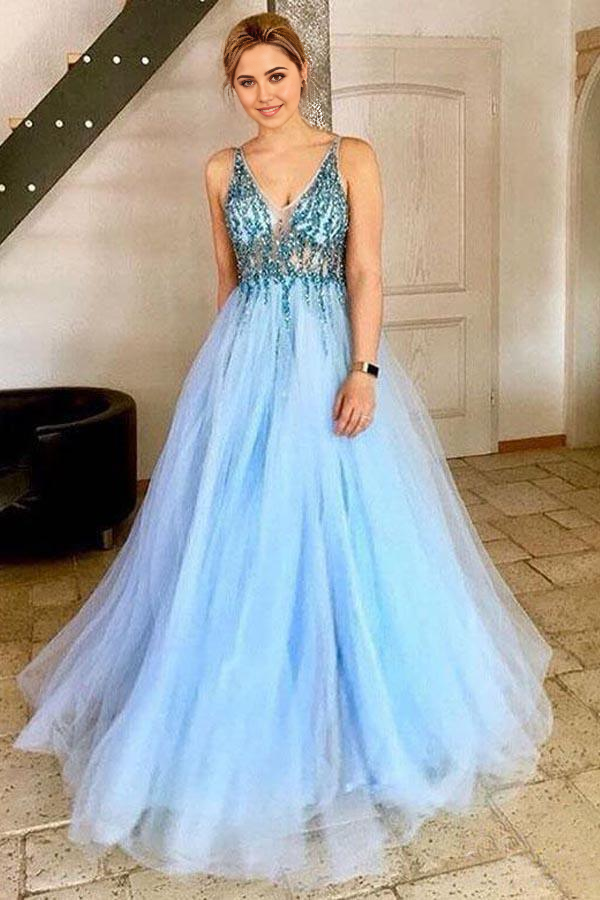 Back view of the A-line V-neck prom dress, showcasing the backless design.