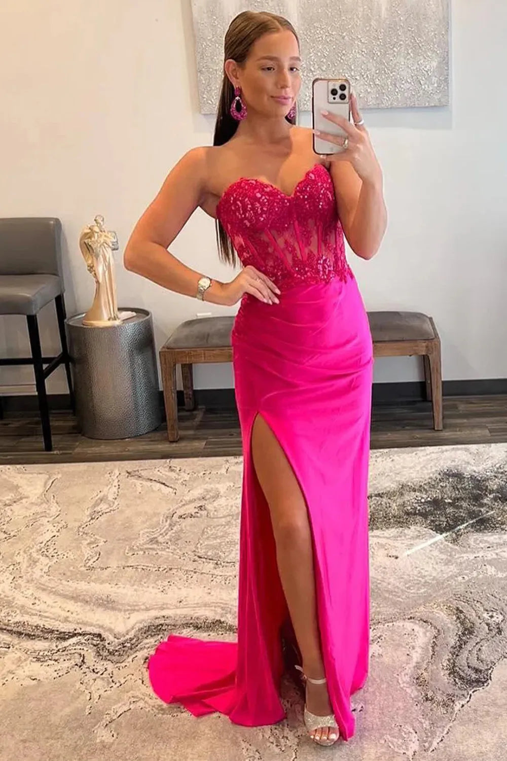 Full view of the elegant long prom dress with a flowing A-line skirt and thigh-high slit.