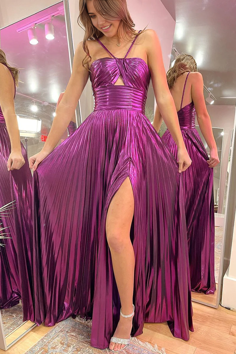 Model in a dazzling A-line purple sparkly satin prom dress featuring a V-neck, cutout, and high slit.